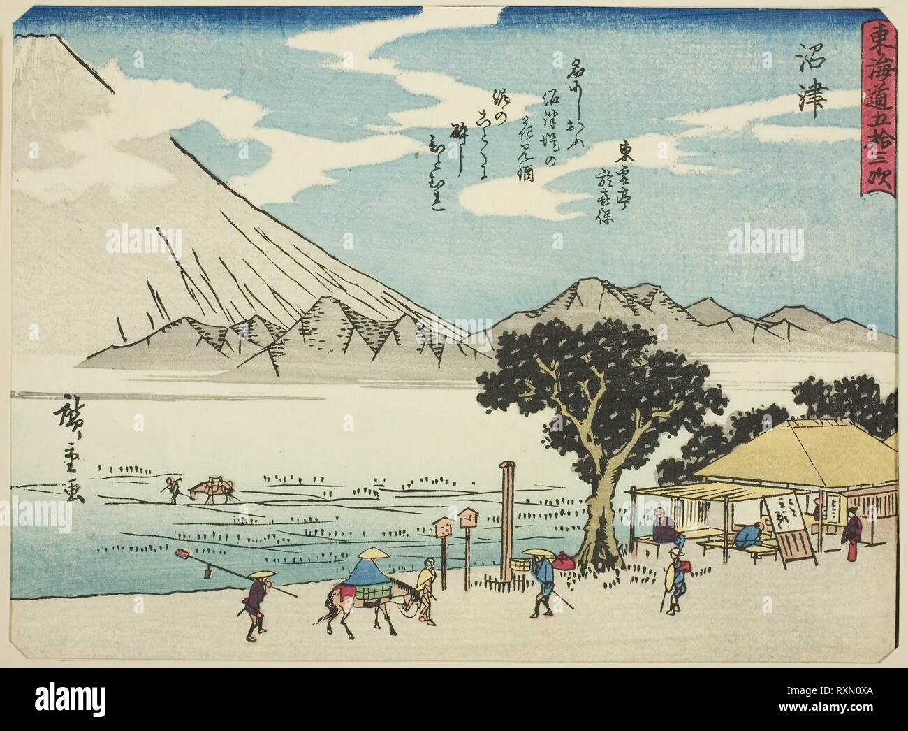 Numazu, dalla serie 'Cinquanta-tre stazioni della linea Tokaido (Tokaido gojusan tsugi)", noto anche come il Tokaido con poesia (Kyoka iri Tokaido). Utagawa Hiroshige ?? ??; Giapponese, 1797-1858. Data: 1832-1847. Dimensioni: 16,8 × 22,9 cm (6 5/8 x 9 in.). Colore stampa woodblock; chuban. Provenienza: Giappone. Museo: Chicago Art Institute. Foto Stock