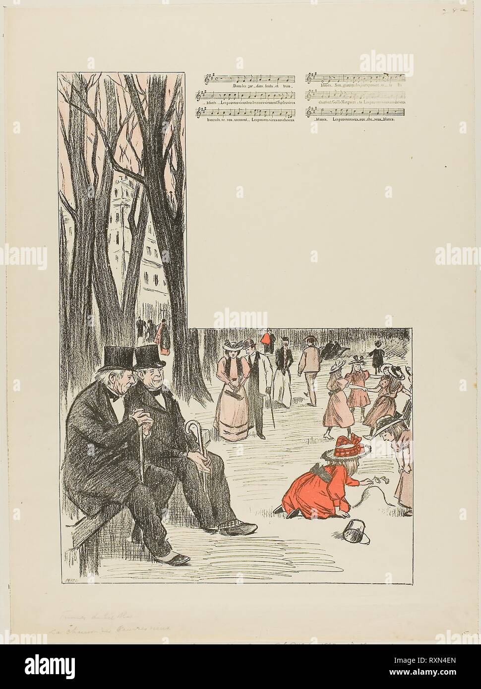 Canzone dei poveri uomini anziani. Théophile-Alexandre Steinlen; francese, nato in Svizzera, 1859-1923. Data: 1893. Dimensioni: 334 × 230 mm (nell'immagine); 416 × (foglio). Photorelief stampa in rosso e nero con stampa tipografica musica/testi sulla crema carta intessuta. Provenienza: Francia. Museo: Chicago Art Institute. Autore: Théophile-Alexandre Pierre Steinlen. Foto Stock