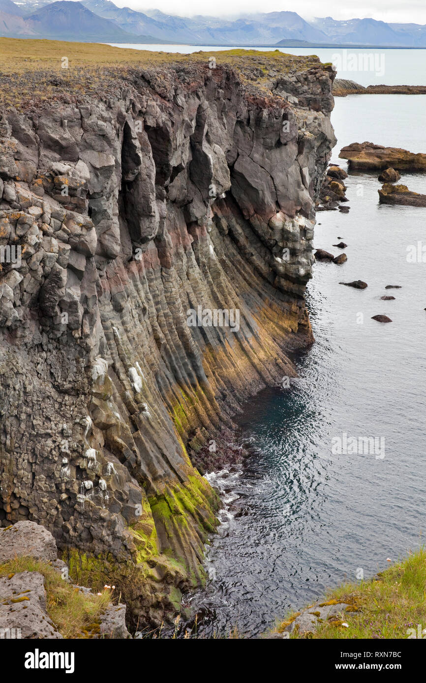 Basalto colonnare alla base di una scogliera a Arnastapi, Snaefellsnes Peninsula, Islanda Foto Stock