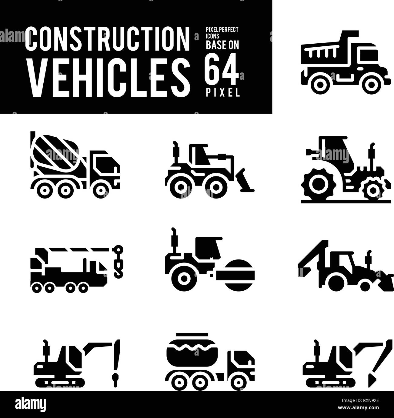 La costruzione del veicolo di trasporto e di glifi e icone di solido. Pixel icona perfetta base di 64px. Illustrazione Vettoriale