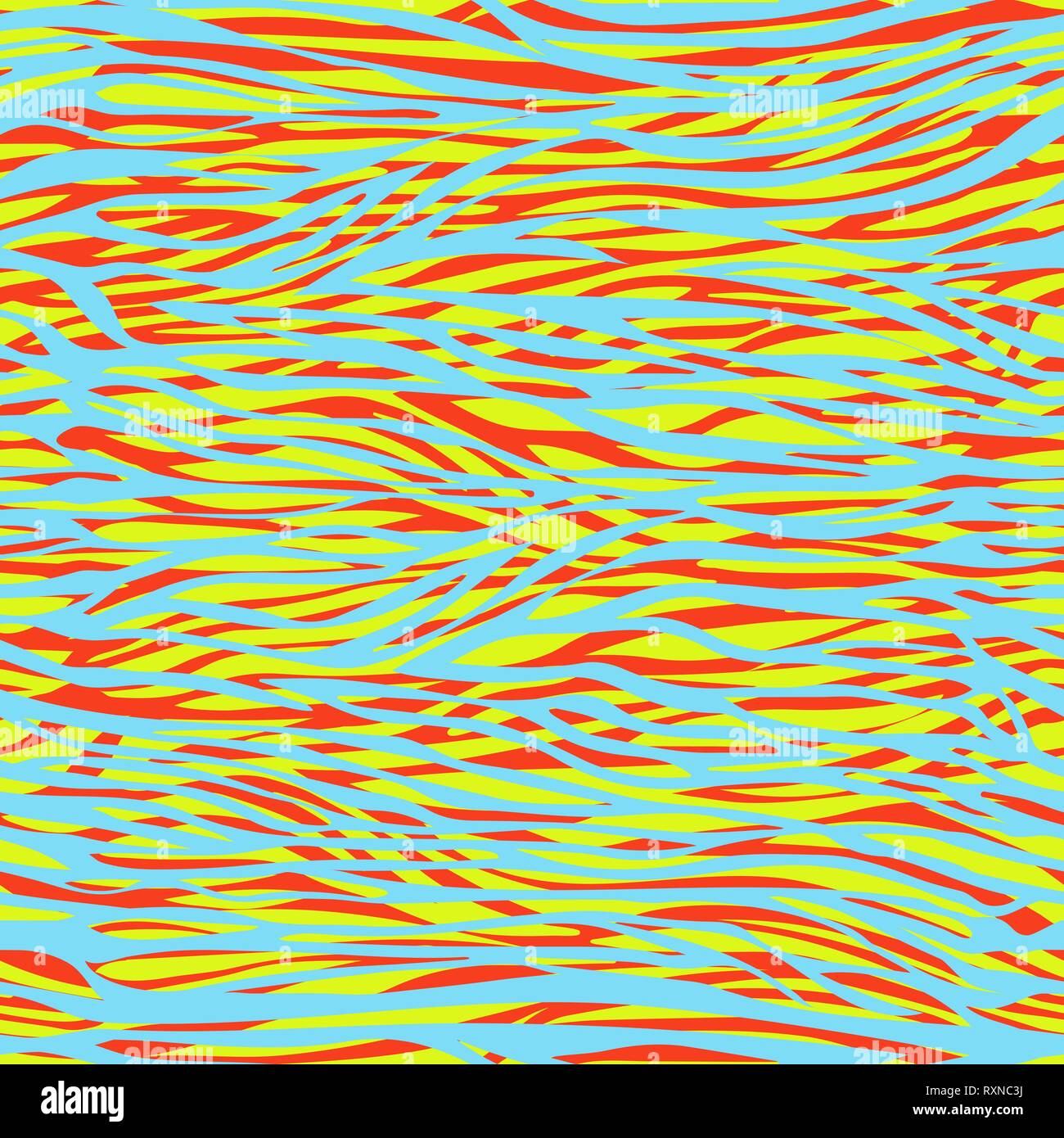 Caotica strisce irregolari astratto modello senza giunture, stampa zebra, ornamento zoomorfi e stilizzata illustrazione moderna. Colorata blu luminoso giallo arancione Illustrazione Vettoriale