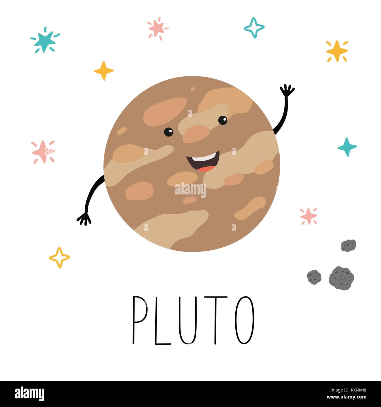 Vettore divertente fumetto illustrazione del pianeta sorridendo felice Plutone in piatti in stile cartoon su spazio cielo stella. Poster per la camera per bambini, l'istruzione. Illustrazione Vettoriale