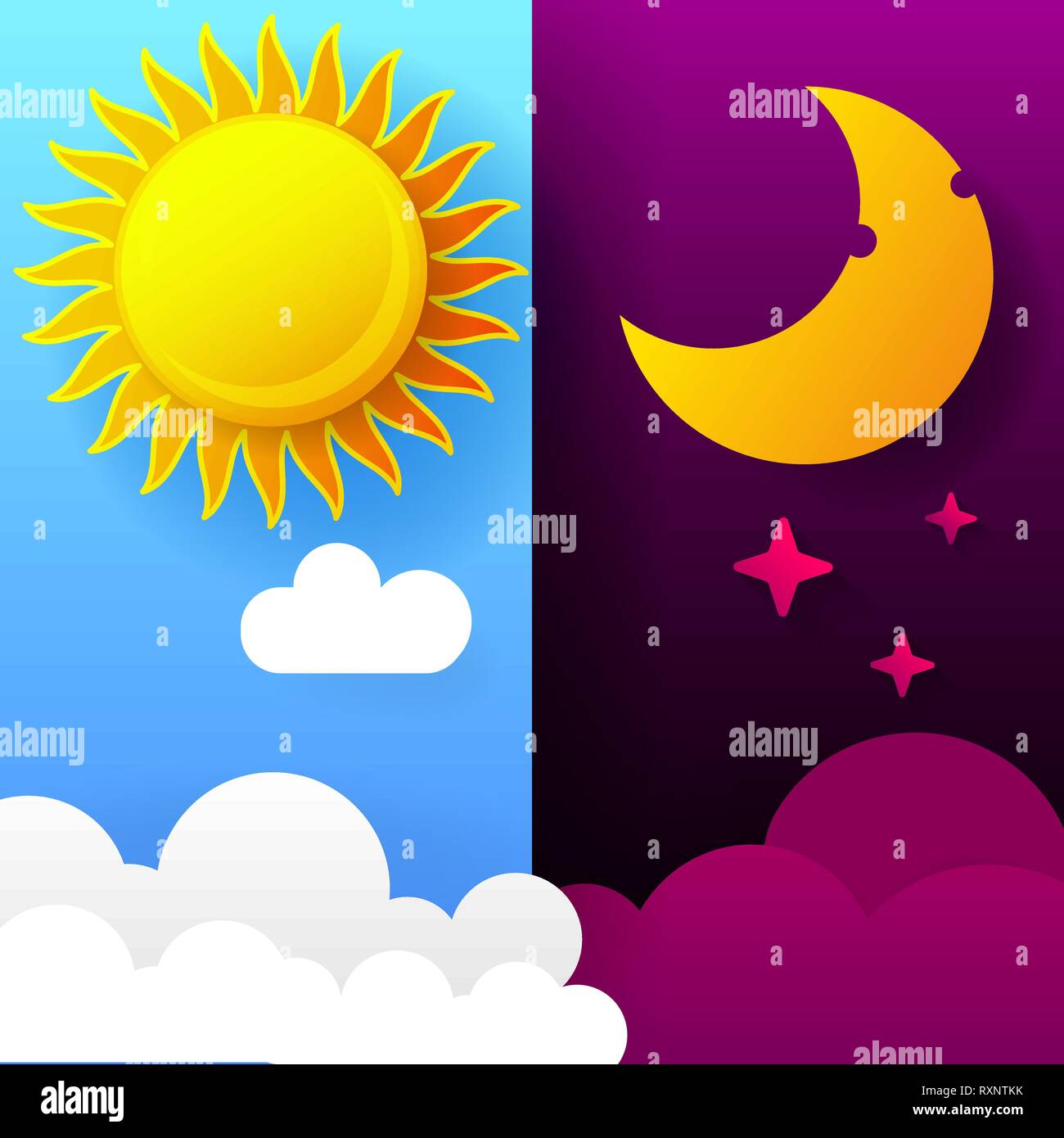 Illustrazione Vettoriale di giorno e di notte. Giorno Notte concetto, il sole e la luna, giorno Icona di notte Illustrazione Vettoriale