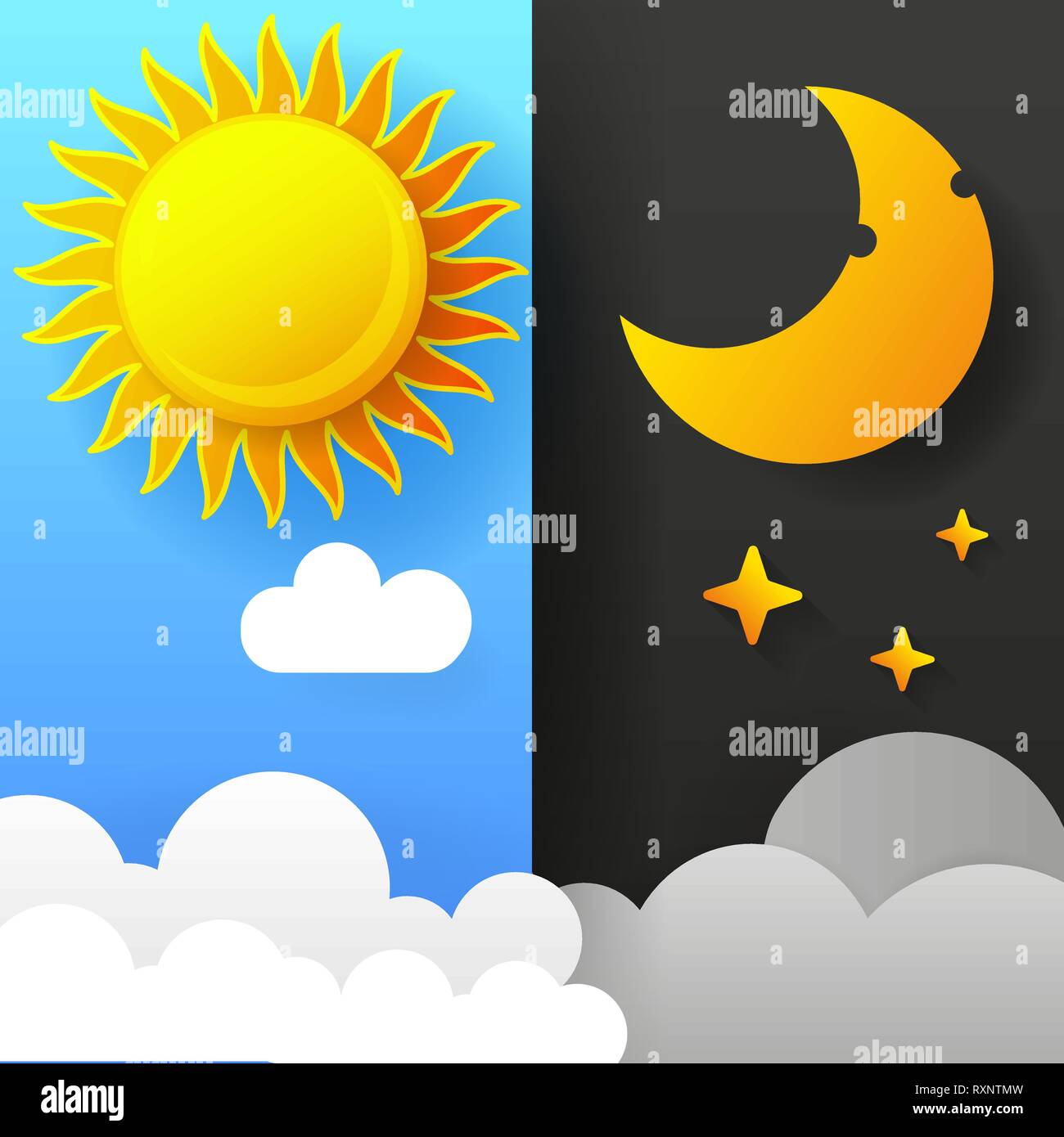 Illustrazione Vettoriale di giorno e di notte. Giorno Notte concetto, il sole e la luna, giorno Icona di notte Illustrazione Vettoriale