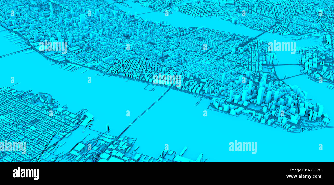Vista dal satellite della città di New York, mappa, gli edifici 3D, rendering 3d. Le strade e i grattacieli di Manhattan. Stati Uniti d'America Foto Stock