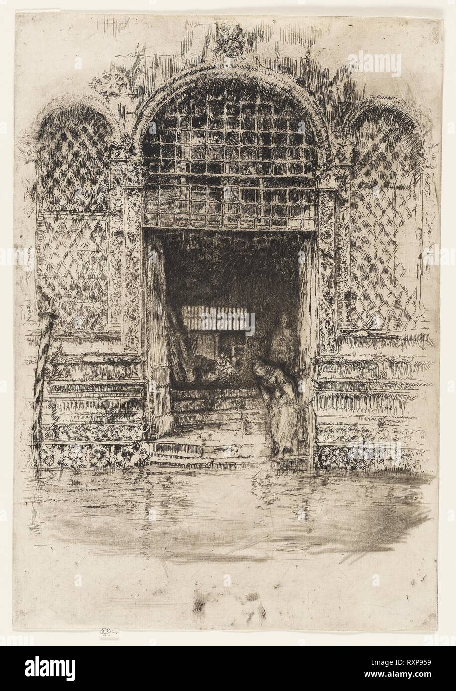 La porta. James McNeill Whistler; American, 1834-1903. Data: 1879-1880. Dimensioni: 292 x 204 mm (immagine, rifilato entro la piastra mark); 296 204 mm (foglio). Attacco, puntasecca e roulette lavorare con fallo di mordere in inchiostro nero su avorio di cui la carta. Origine: Stati Uniti. Museo: Chicago Art Institute. Foto Stock La porta. James McNeill Whistler; American, 1834-1903. Data: 1879-1880. Dimensioni: 292 x 204 mm (immagine, rifilato entro la piastra mark); 296 204 mm (foglio). Attacco, puntasecca e roulette lavorare con fallo di mordere in inchiostro nero su avorio di cui la carta. Origine: Stati Uniti. Museo: Chicago Art Institute. Foto Stock
