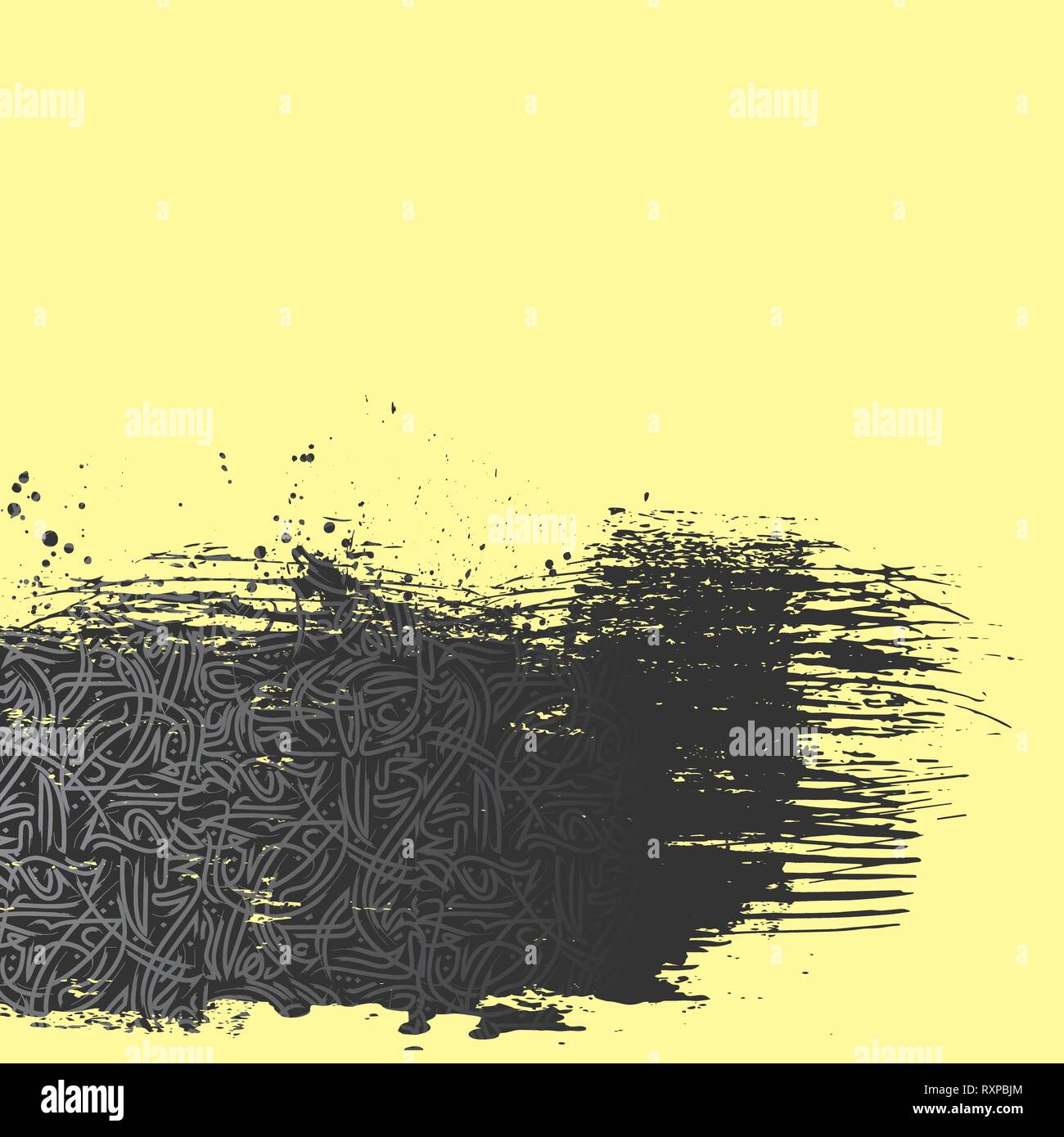 Nero splash grunge con astratto bianco lettere isolati su sfondo giallo Illustrazione Vettoriale