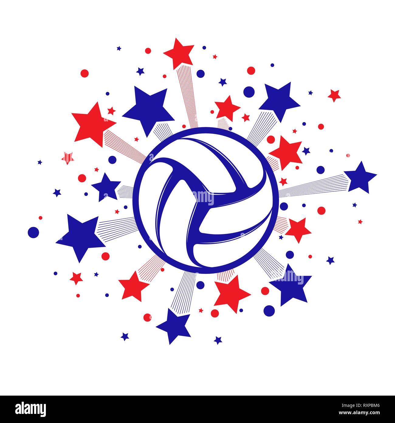 Il rosso e il blu di linee astratte di Fireworks con pallavolo isolati su sfondo bianco Illustrazione Vettoriale