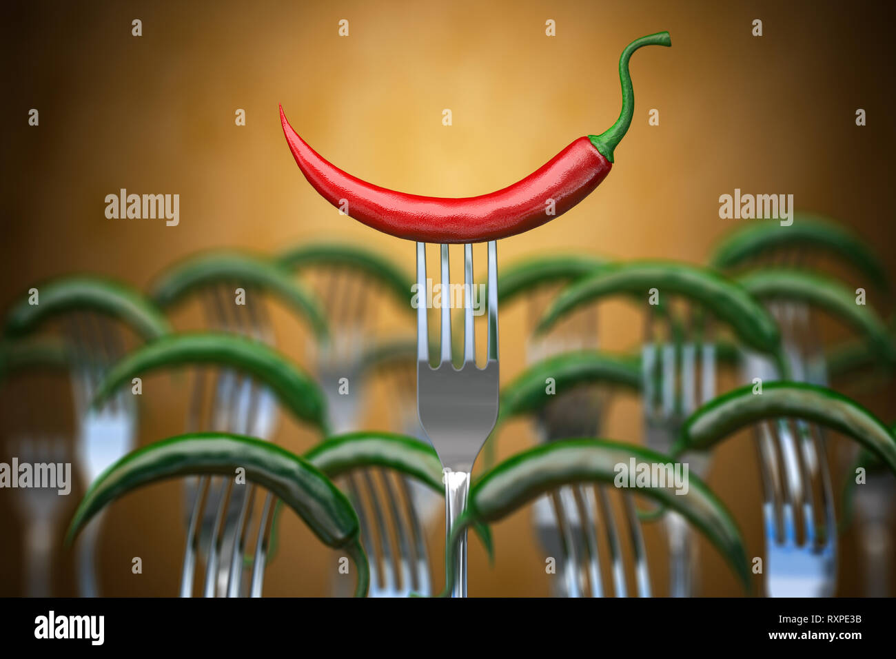 Red hot chili pepper bloccata in posizione sulla forcella intorno di diversi tipi di forche, concorrenza, unico , individualità e sorriso concetto. 3d illustrazione Foto Stock