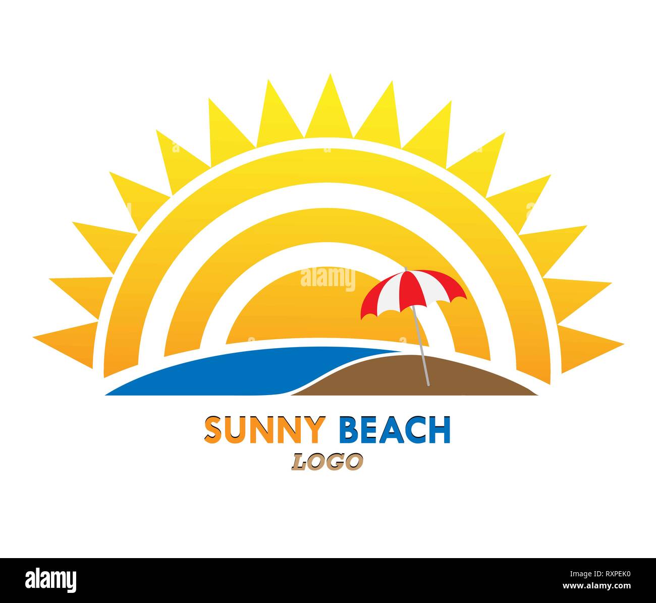 Logo Sun e iscrizione Sunny Beach, design piatto, immagine a colori Illustrazione Vettoriale