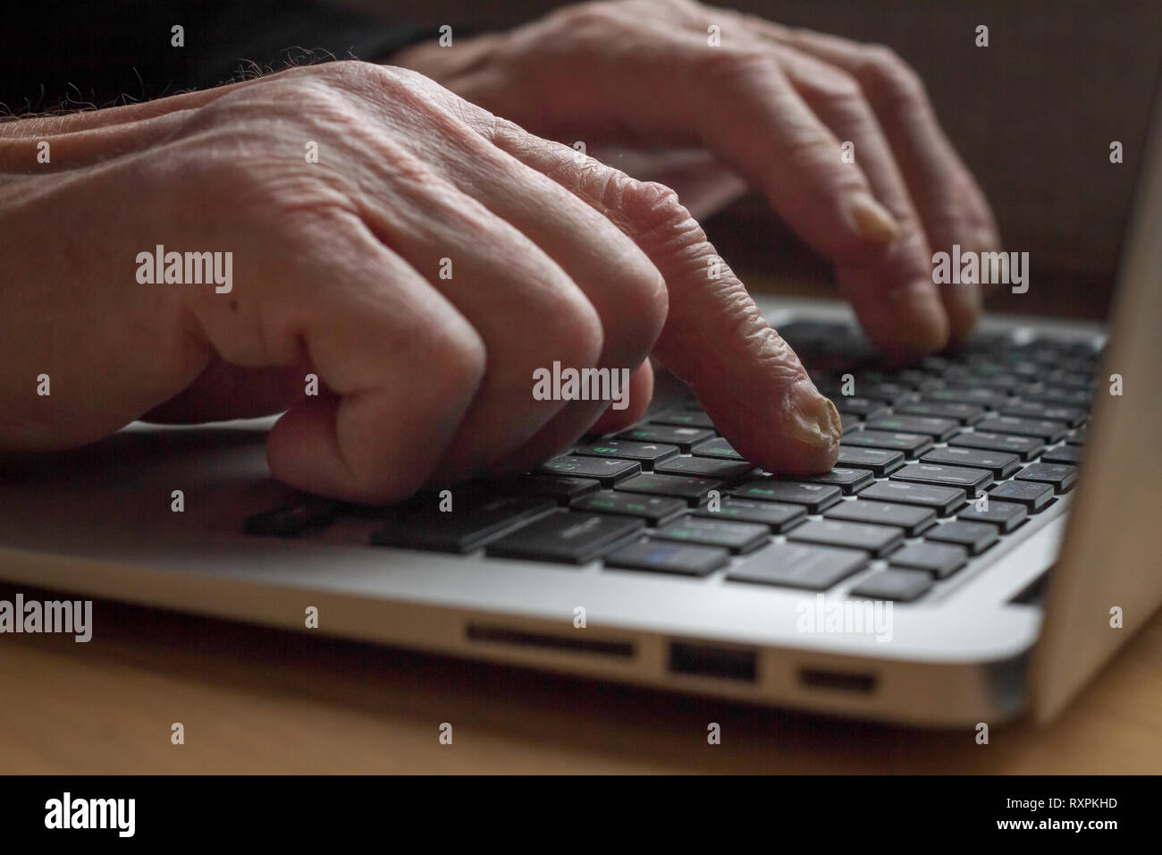 Close-up foto delle mani di un uomo anziano che conta su di una calcolatrice e immette informazioni in un computer portatile, spazio libero per il testo, la messa a fuoco selettiva. Foto Stock