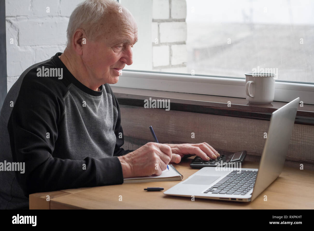 Un vecchio uomo che conta su una calcolatrice, rende note nel suo notebook e guarda lo schermo del laptop, spazio libero per il testo, la messa a fuoco selettiva. Foto Stock
