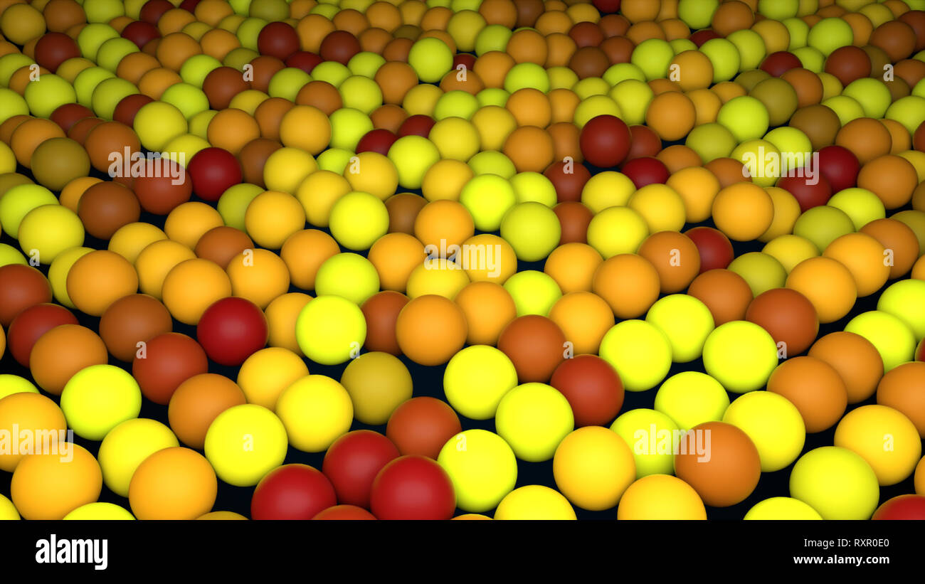 Molte righe di abstract sfere colorate, sfondo isometrica, moderno computer generato 3D rendering sullo sfondo Foto Stock