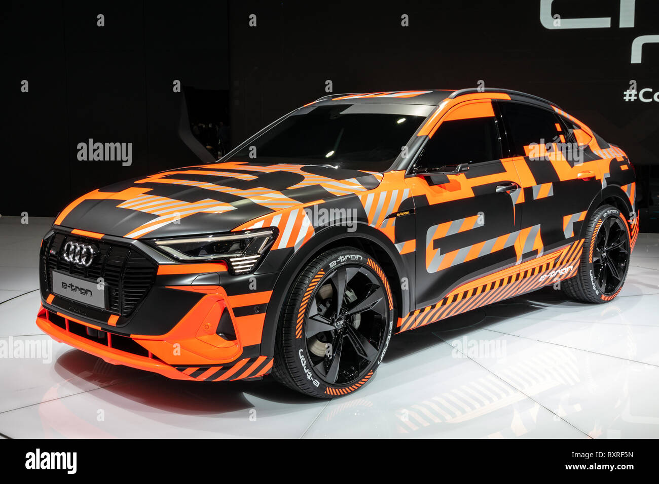 Ginevra, Svizzera - 6 Marzo 2019: Audi e-Tron Sportback SUV elettrico coupe Auto esposti all'ottantanovesimo Geneva International Motor Show. Foto Stock