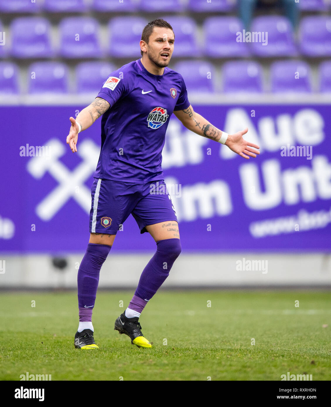 Aue, Germania. 09Mar, 2019. Calcio: Seconda Bundesliga, Erzgebirge Aue - SC Paderborn 07, XXV Giornata nel Sparkassen-Erzgebirgsstadion. Aues Pascal Testroet gesticolò. Credito: Robert Michael/dpa-Zentralbild/dpa - NOTA IMPORTANTE: In conformità con i requisiti del DFL Deutsche Fußball Liga o la DFB Deutscher Fußball-Bund, è vietato utilizzare o hanno utilizzato fotografie scattate allo stadio e/o la partita in forma di sequenza di immagini e/o video-come sequenze di foto./dpa/Alamy Live News Foto Stock