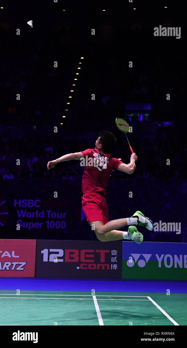 Arena Birmingham, Birmingham, Regno Unito. Decimo Mar, 2019. Overgrip Yonex tutti Inghilterra aprire Badminton campionati, giorno 5; doppio misto finale, ZHENG Siwei e HUANG Yaqiong della Cina rispetto a Yuta Watanabe e Arisa HIGASHINO del Giappone, ZHENG Siwei della Cina è una vergogna per il credito navetta: Azione Plus sport/Alamy Live News Foto Stock