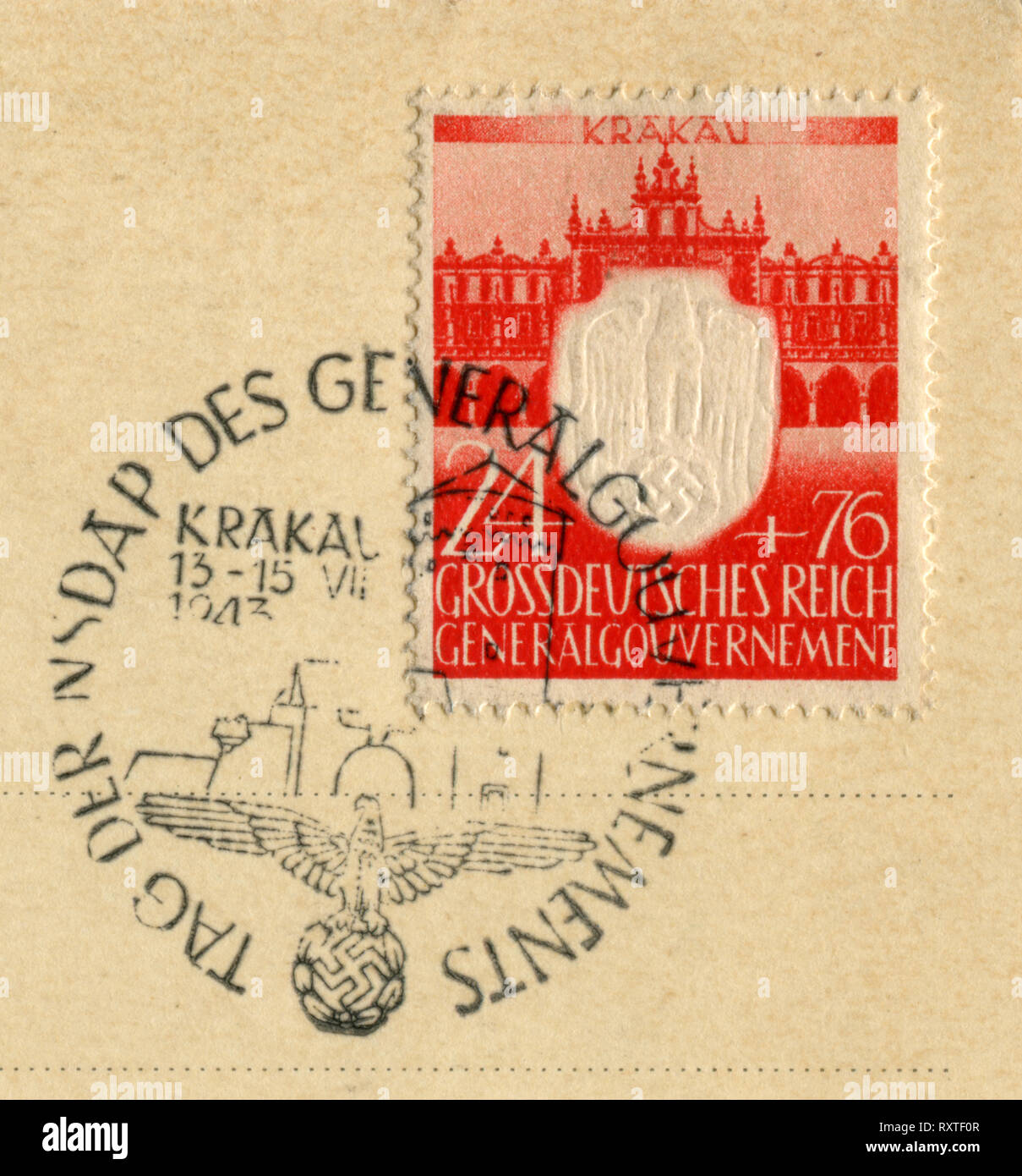 German Historical timbro: anniversario di 3 anni dopo la fondazione della NSDRP Governatore Generale, Polonia occupata di cancellazione speciali, Terzo Reich Foto Stock