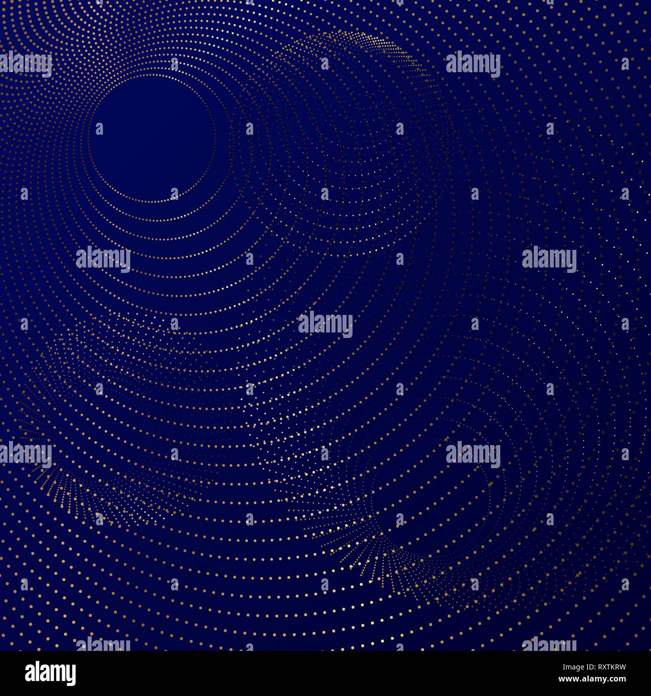 Configurazione astratta di Golden round particelle. Sfondo blu. Illustrazione Vettoriale