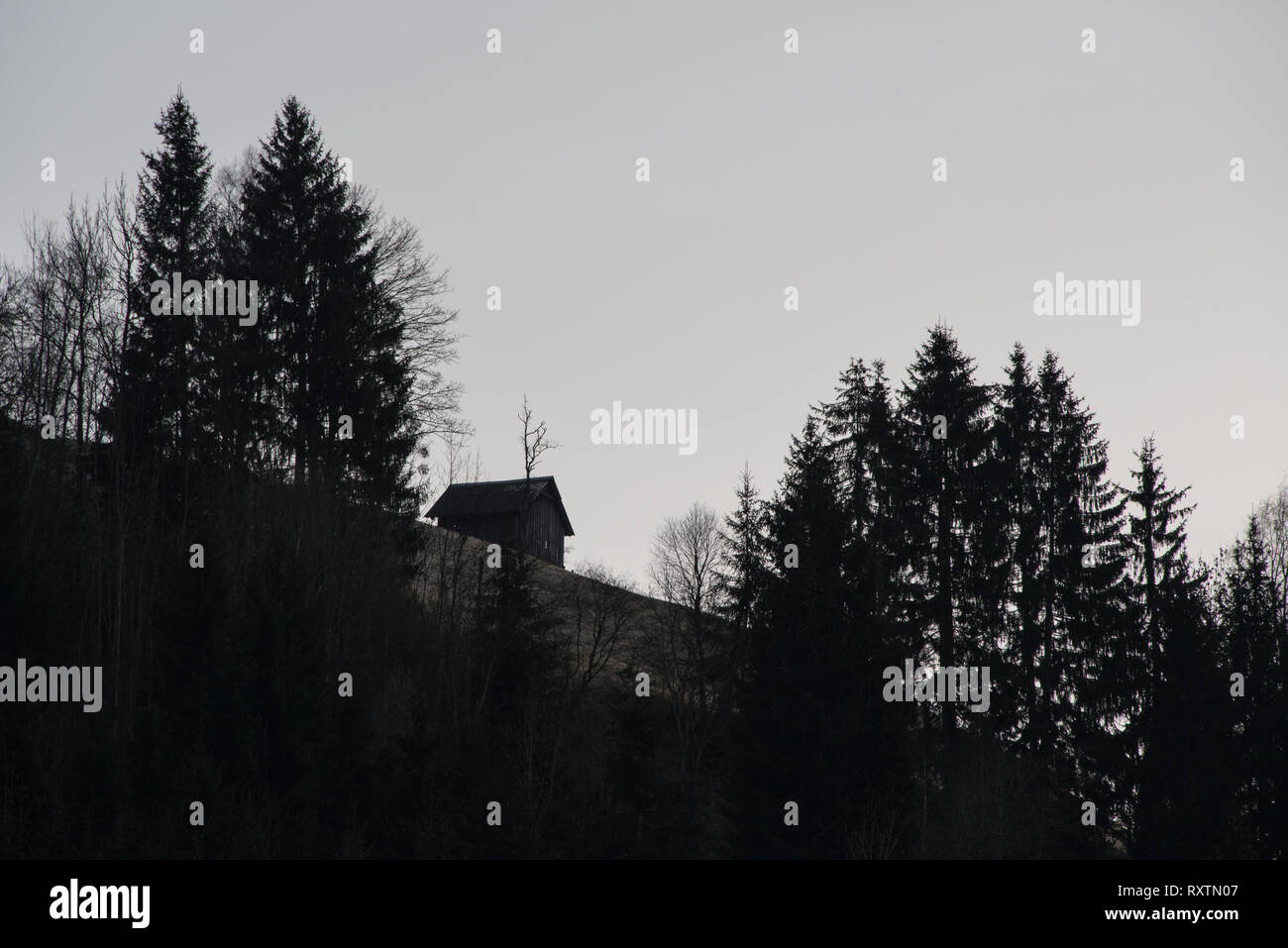 Silhouette di un piccolo cottage di legno su un pendio di montagna, la fotografia in bianco e nero, monocromatiche paesaggio alpino Foto Stock