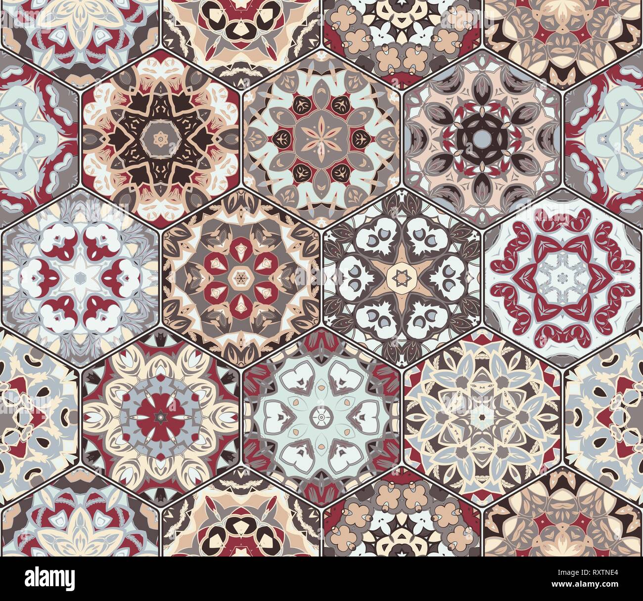 Set di vettore arabo seamless pattern. Raccolta di esagonale di piastrelle in ceramica nei toni del rosso e del marrone. Decorativi ed elementi di design per i tessili, Illustrazione Vettoriale