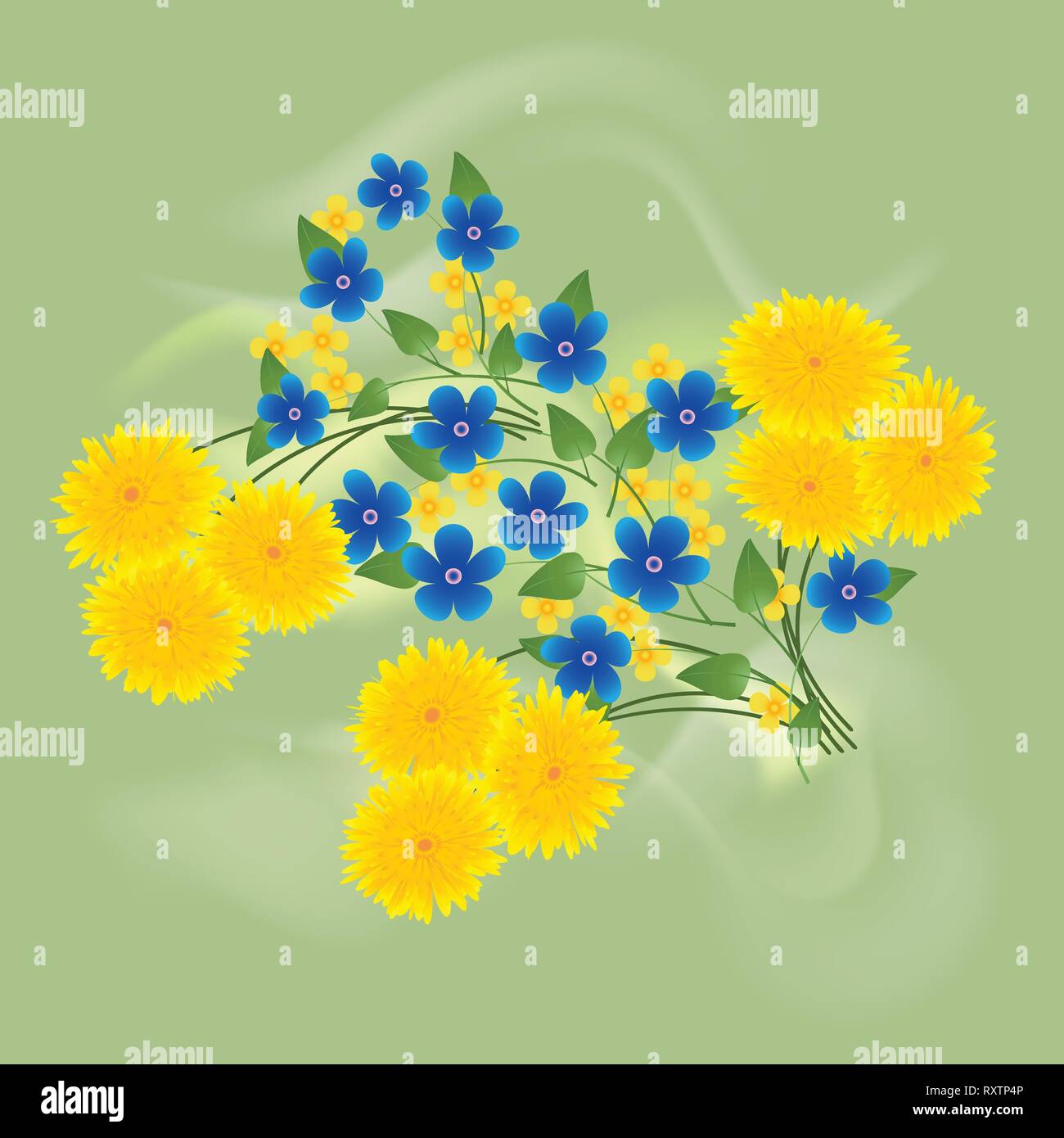 Tarassaco e non ti scordar di me fiori sfondo verde Illustrazione Vettoriale