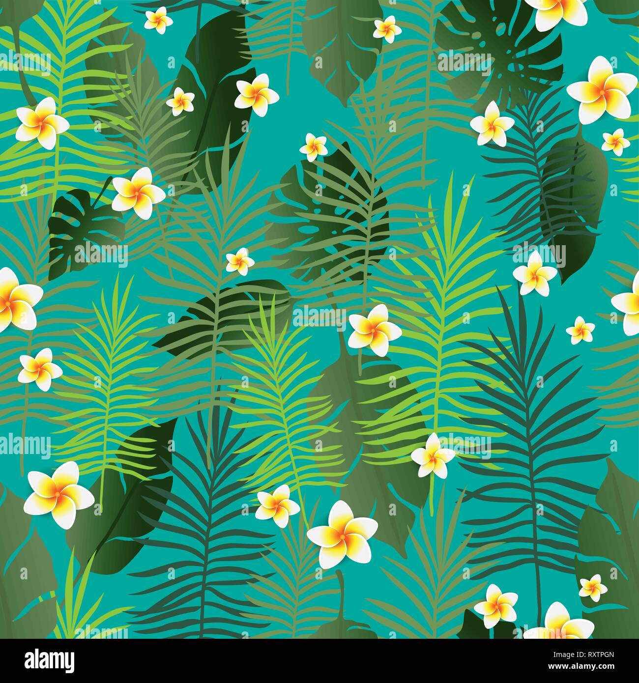 Modello senza giunture esotico sfondo floreale. Fiori tropicali e lascia sullo sfondo. Cartoon verde Design per invito, flyer, Poster o di carta. Illustrazione Vettoriale