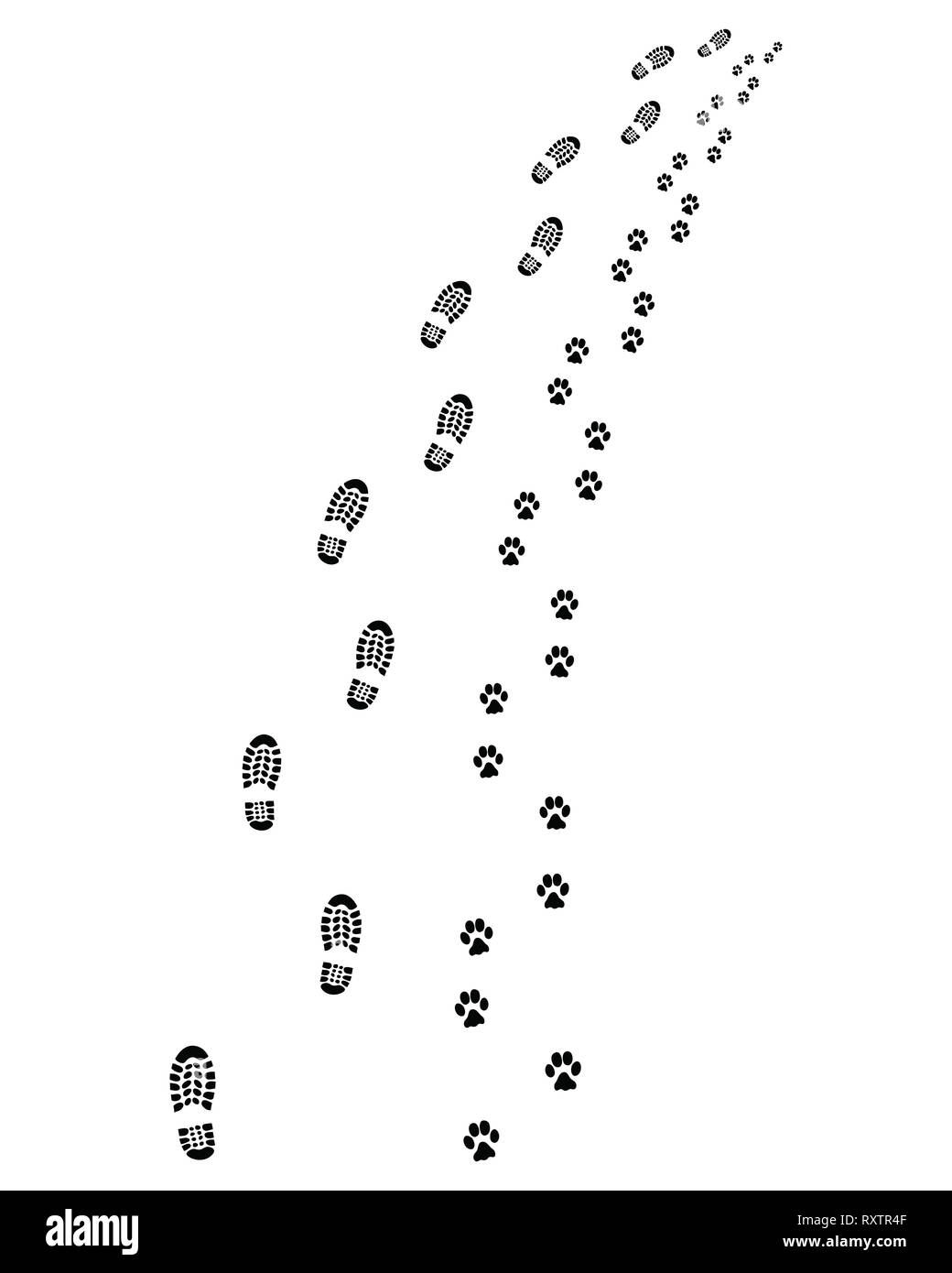 Orme di uomo e cane, girare a sinistra o a destra Foto Stock