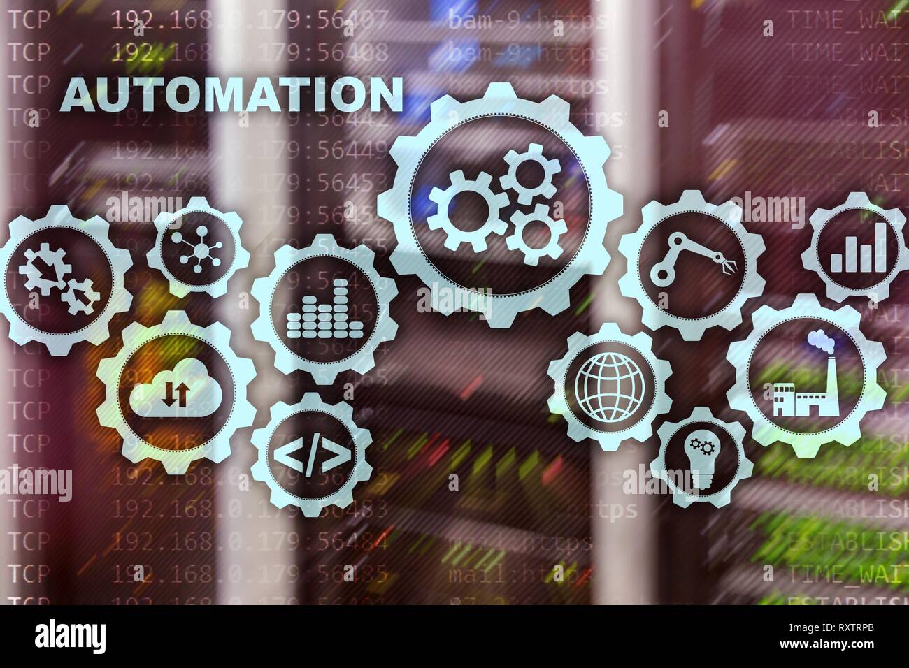 Automazione di aumento di produttività concetto. Processo di tecnologia su un server in background in camera Foto Stock