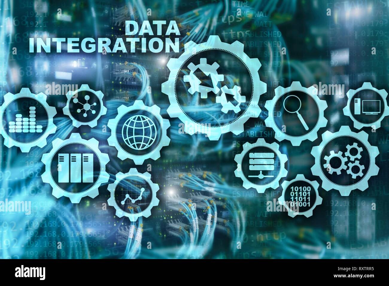 Integrazione dei dati di Business Information Technology concetto sulla sala server sfondo. Foto Stock