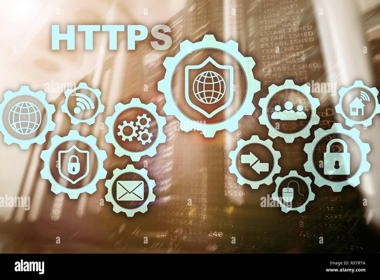 Il protocollo HTTPS. Il Protocollo di Trasporto di Ipertesti sicura. Concetto tecnologico sulla sala server sfondo. Icona virtuale per la sicurezza di rete del servizio web. Foto Stock