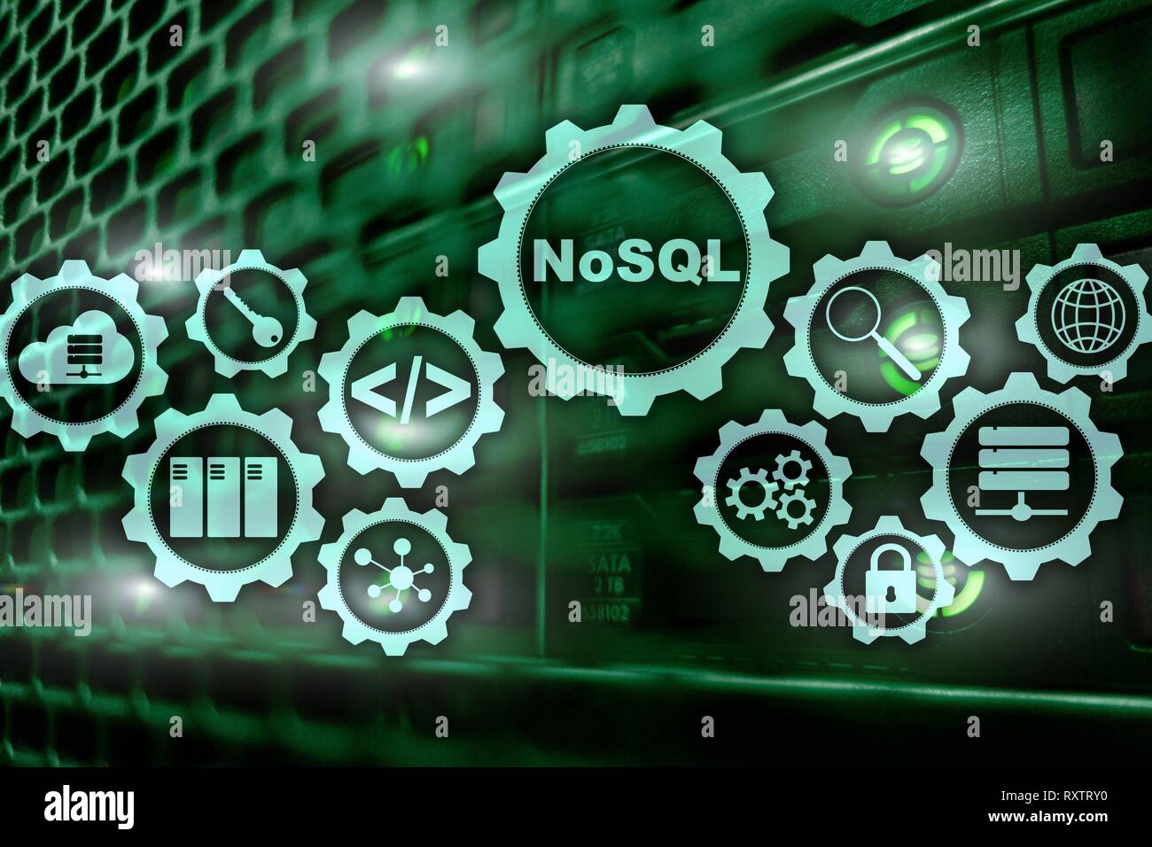NoSQL. La Structured Query Language. La tecnologia dei database concetto. La sala server sfondo. Foto Stock