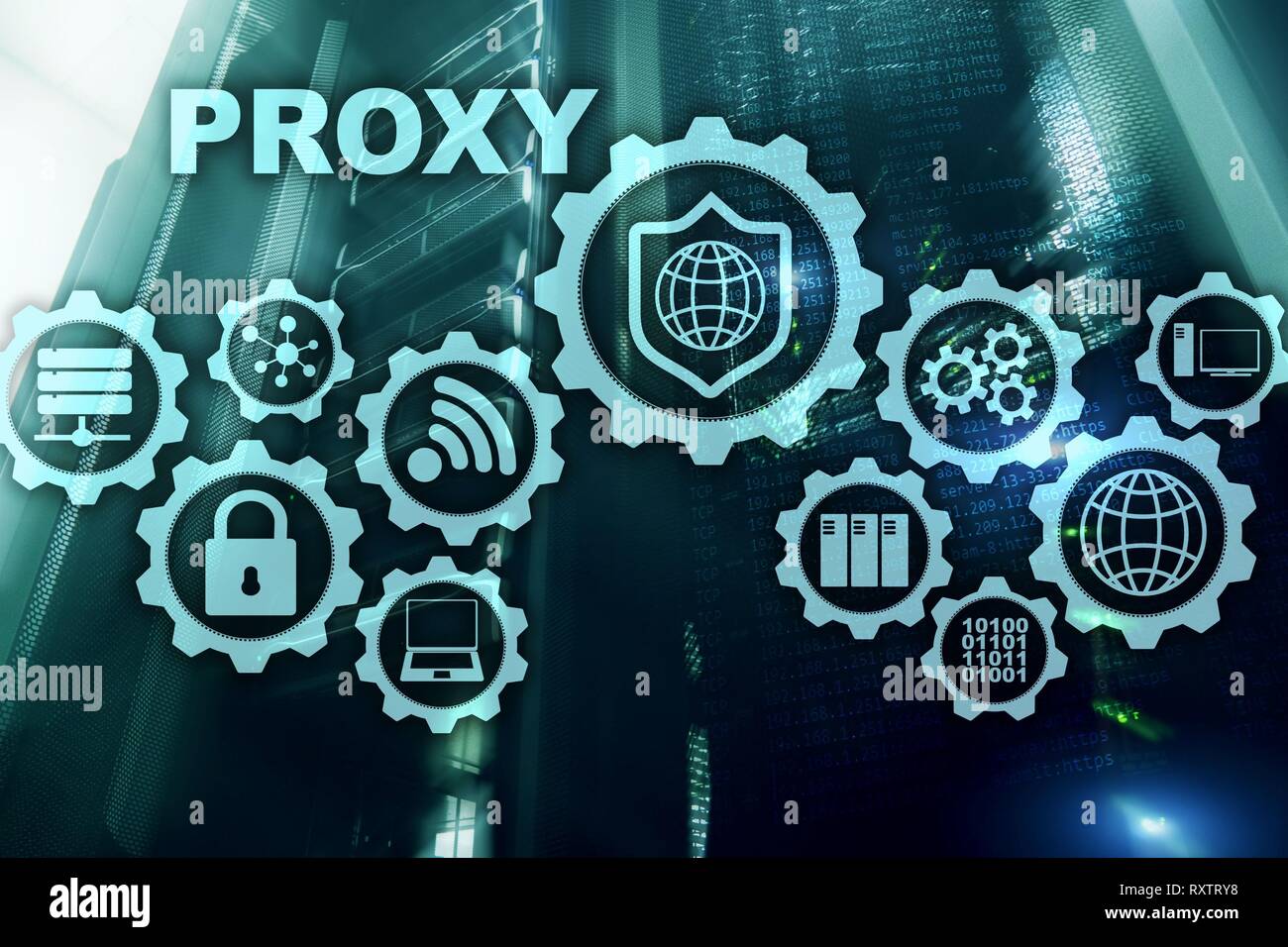 Server proxy. Cyber security. Concetto di sicurezza della rete su schermo virtuale. La sala server sfondo. Foto Stock