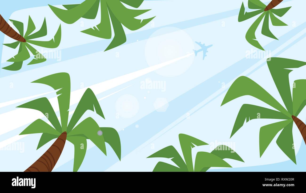 Vector cartoni stile sullo sfondo di un cielo con raggi di sole e volo aereo. Buona giornata soleggiata con palme. Vista dal basso. Illustrazione Vettoriale. Illustrazione Vettoriale