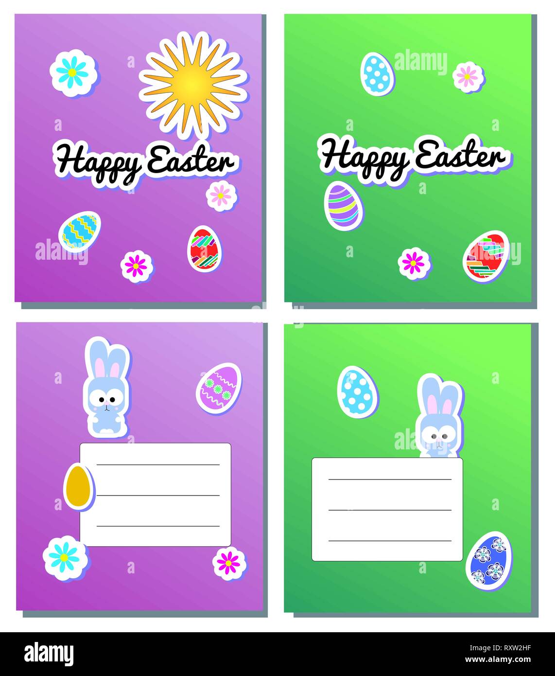 Impostare il vettore Felice Pasqua Modelli di biglietto con adesivi uova, coniglietti, fiori, sun. Illustrazione per la primavera biglietti di auguri e inviti. Verde e Illustrazione Vettoriale