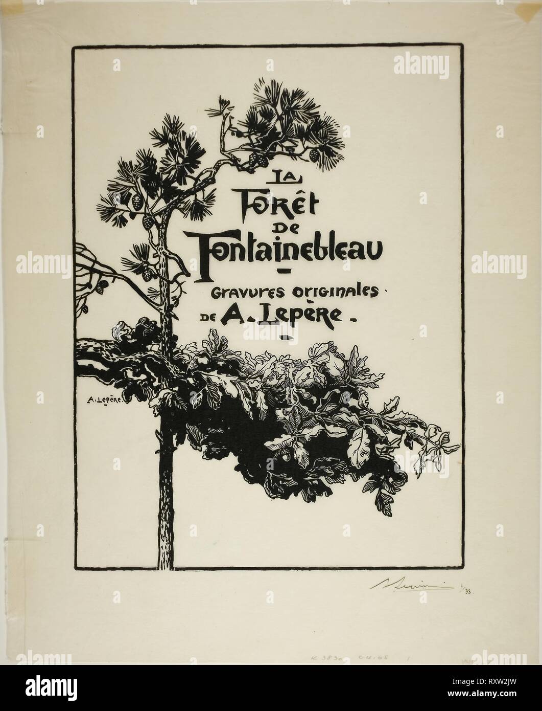 Frontespizio per La Forêt de Fontainebleau. Louis Auguste Lepère (Francese, 1849-1918); pubblicato da A. Desmoulins (francese, attivo c. 1908-1910). Data: 1908. Dimensioni: 292 × 217 mm (nell'immagine); 370 × 300 mm (foglio). Incisione su legno nero in crema di latte di cui carta giapponese. Provenienza: Francia. Museo: Chicago Art Institute. Foto Stock