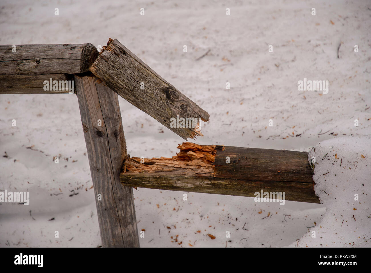 Rotture di recinzione in legno in inverno a un pascolo del bestiame Foto Stock