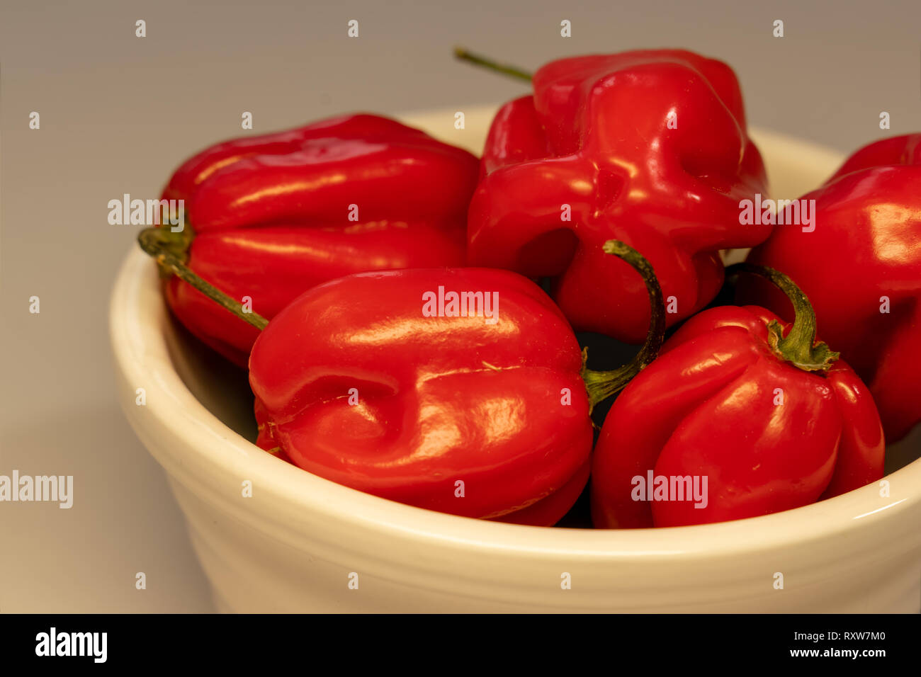 Close up di ripe Caraibi Habanero red hot chili peppers nella ciotola. Foto Stock