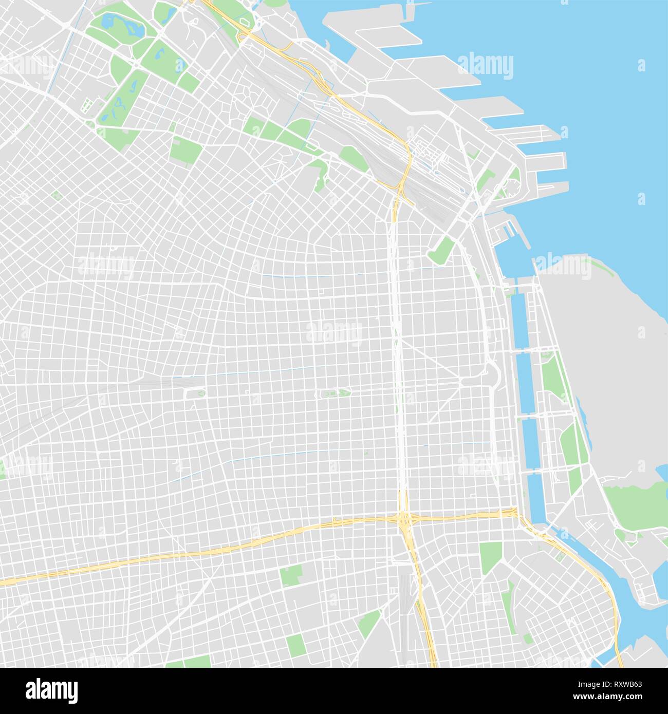 Downtown mappa vettoriale della città di Buenos Aires, Argentina. Questa mappa stampabile della città di Buenos Aires contiene linee classiche e forme colorate per terra di massa, Illustrazione Vettoriale