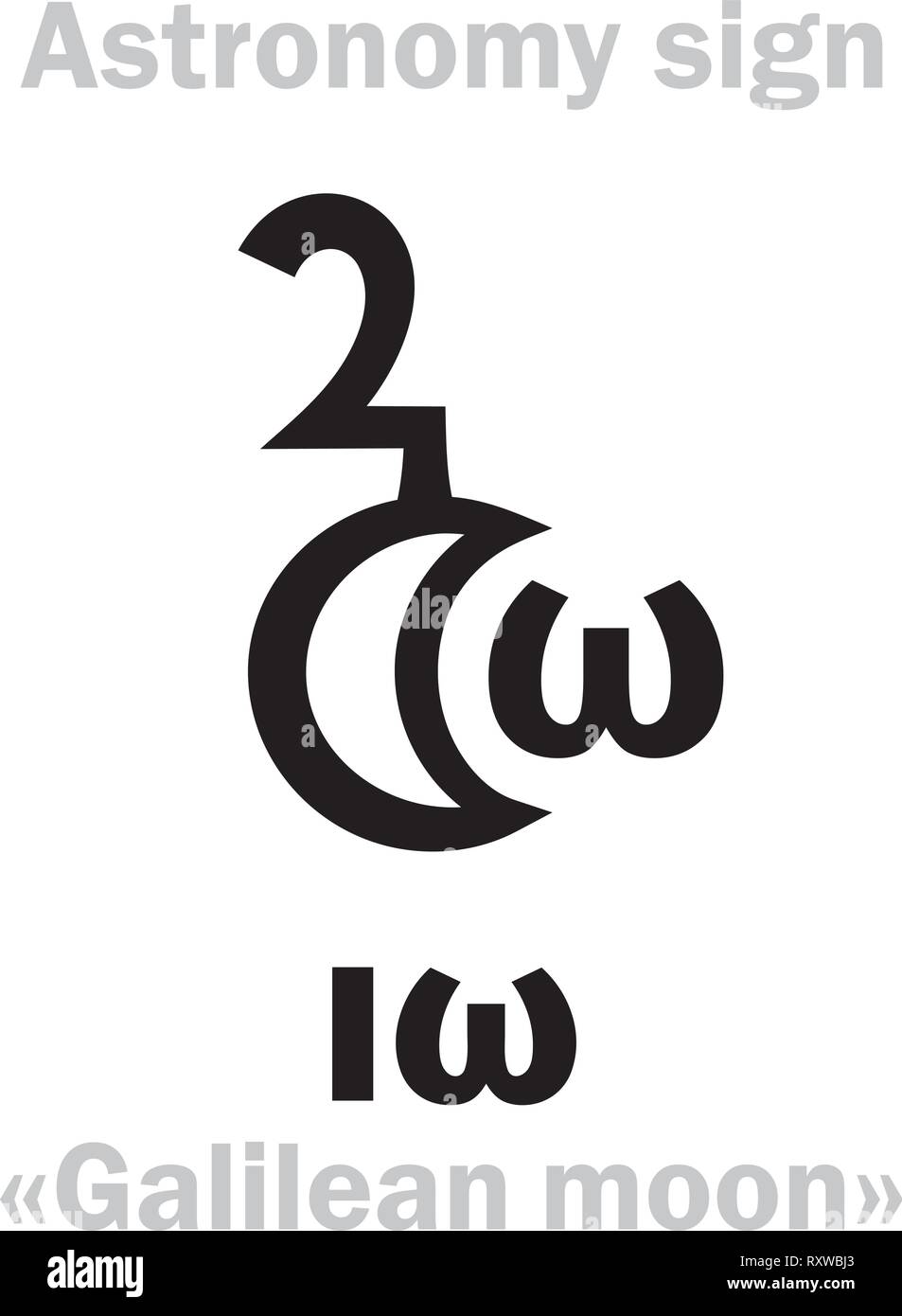 Alfabeto astrologia: IO (Ιω, "luna galileiana io"), uno dei quattro grandi satelliti di Giove. Carattere geroglifico segno (simbolo astronomico). Illustrazione Vettoriale