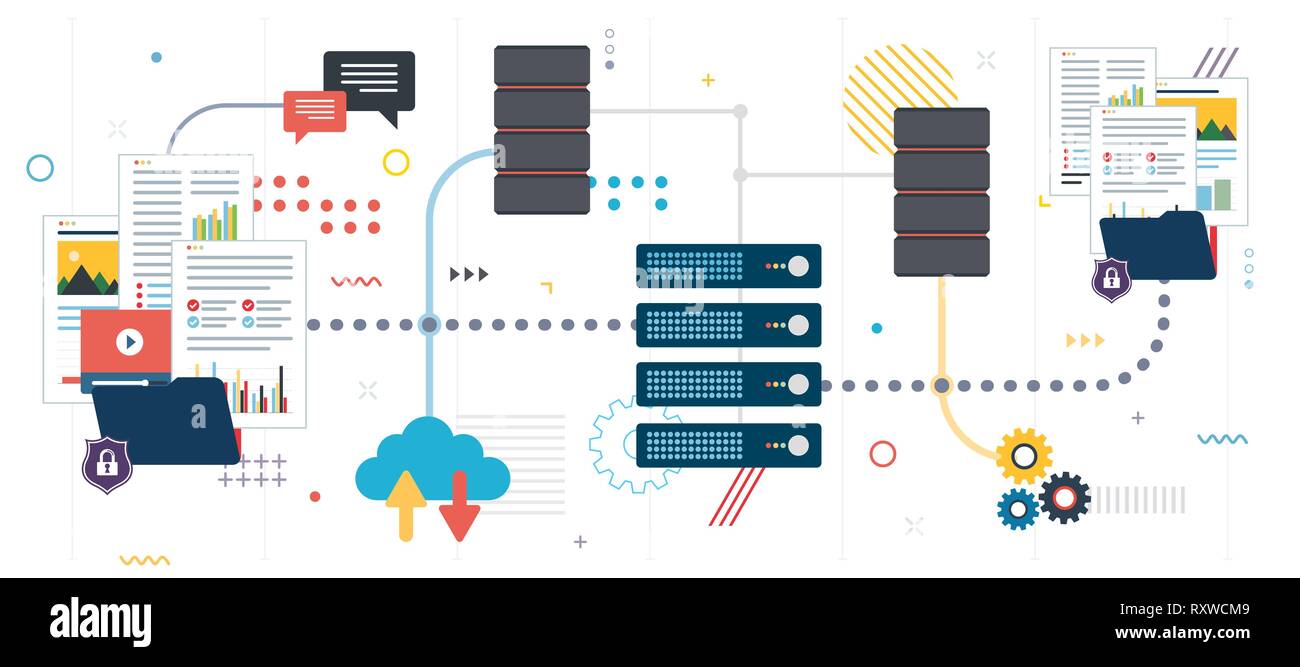 Condivisione di file e il backup dei dati. I dati condivisi, documenti, video e foto. Computer con accesso Internet agli utenti di scaricare file in modo sicuro. Modello in design piatto per noi Illustrazione Vettoriale