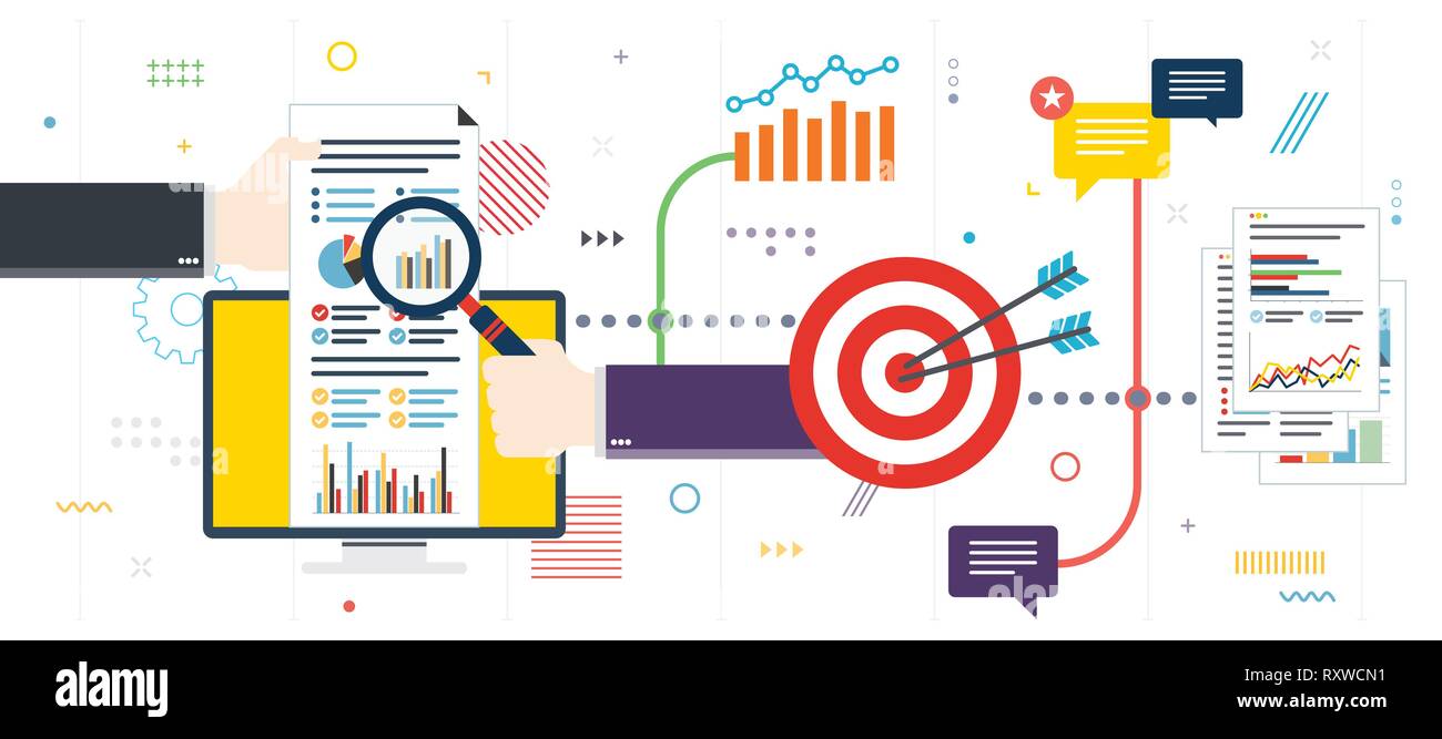 Analisi e strategia nel mercato finanziario. Il lavoro di squadra e di successo per gli investimenti delle imprese. Modello in design piatto per banner web o una infografica in vect Illustrazione Vettoriale