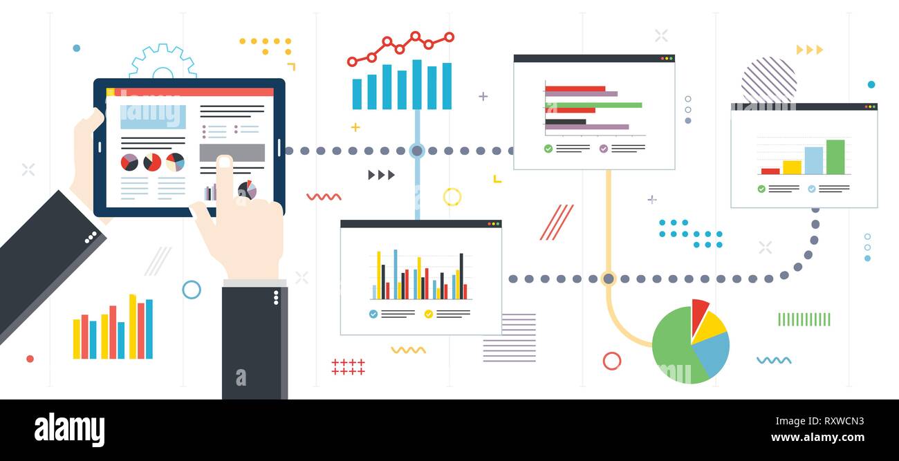 Il finanziamento degli investimenti la pianificazione con analytics grafico. Grafico o diagramma di applicazione per monitoraggio con report di crescita. Modello in design piatto per il web b Illustrazione Vettoriale