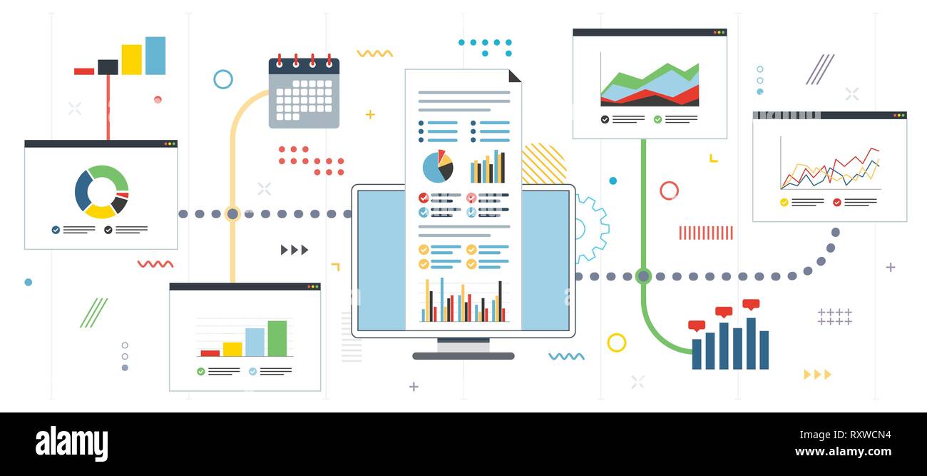 Strategia e del monitoraggio dei guadagni nel mercato finanziario. Grafico o diagramma di applicazione per monitoraggio con report di crescita. Modello in design piatto per Illustrazione Vettoriale