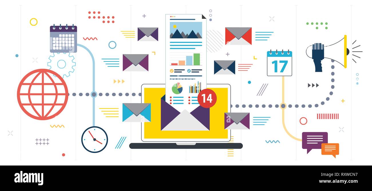 Email marketing e comunicazione di impresa, inviare e ricevere messaggi e-mail, casella di posta in arrivo. Notifica nuovo messaggio. Modello in design piatto per banner web o i Illustrazione Vettoriale