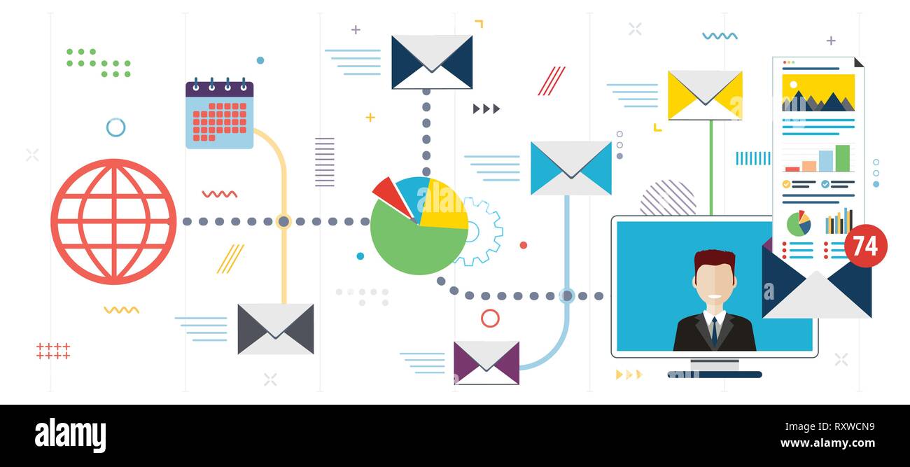 Messaggio di posta in arrivo e la notifica di posta elettronica. Comunicazione e marketing e-mail, inviare e-mail alla casella di posta in arrivo. Notifica nuovo messaggio.Modello nel design piatto per Illustrazione Vettoriale