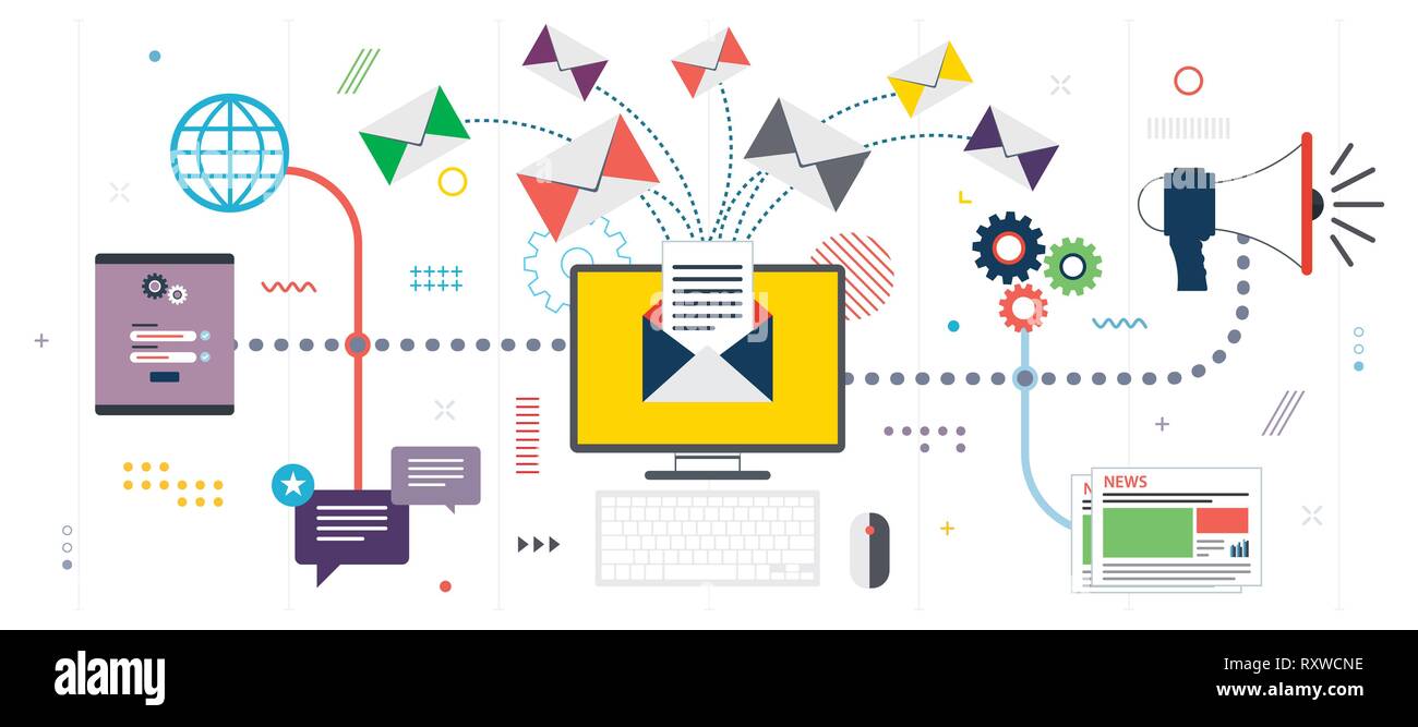 Attività di comunicazione e marketing e-mail. Inviare o ricevere messaggi di posta elettronica, marketing digitale, analisi e strategia. Modello in design piatto per banner web o Illustrazione Vettoriale