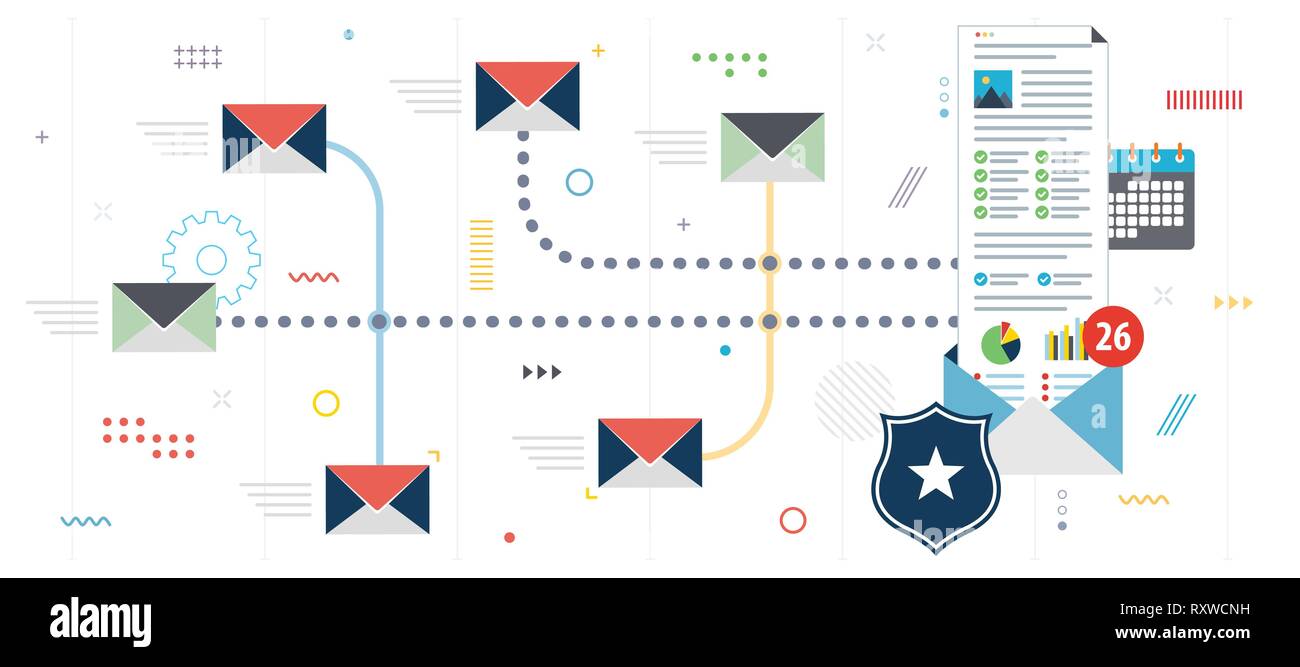 La protezione della posta elettronica e la comunicazione protetta in Internet. Antivirus per la protezione, sicurezza e blocco di spam. Modello in design piatto per banner web Illustrazione Vettoriale