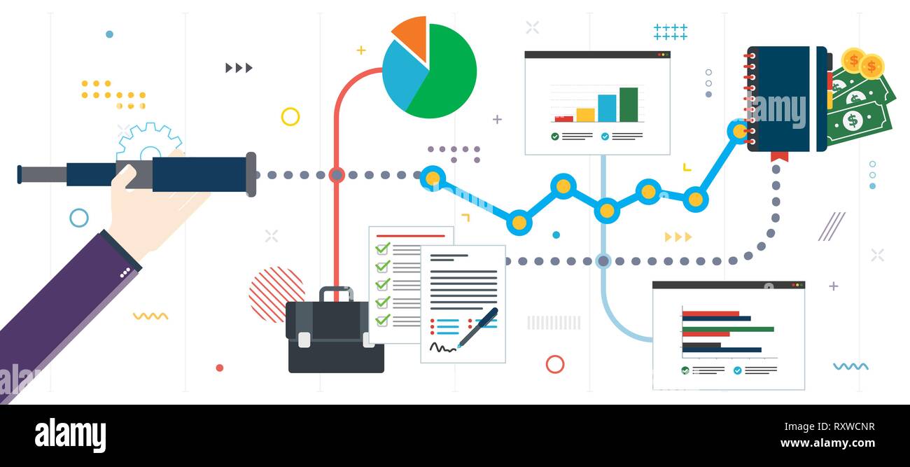 Previsione di business, visione, la crescita e il successo. Mano con lunetta analizzando i grafici di investimento. Gli investimenti finanziari e la crescita, il successo e guadagnare mone Illustrazione Vettoriale