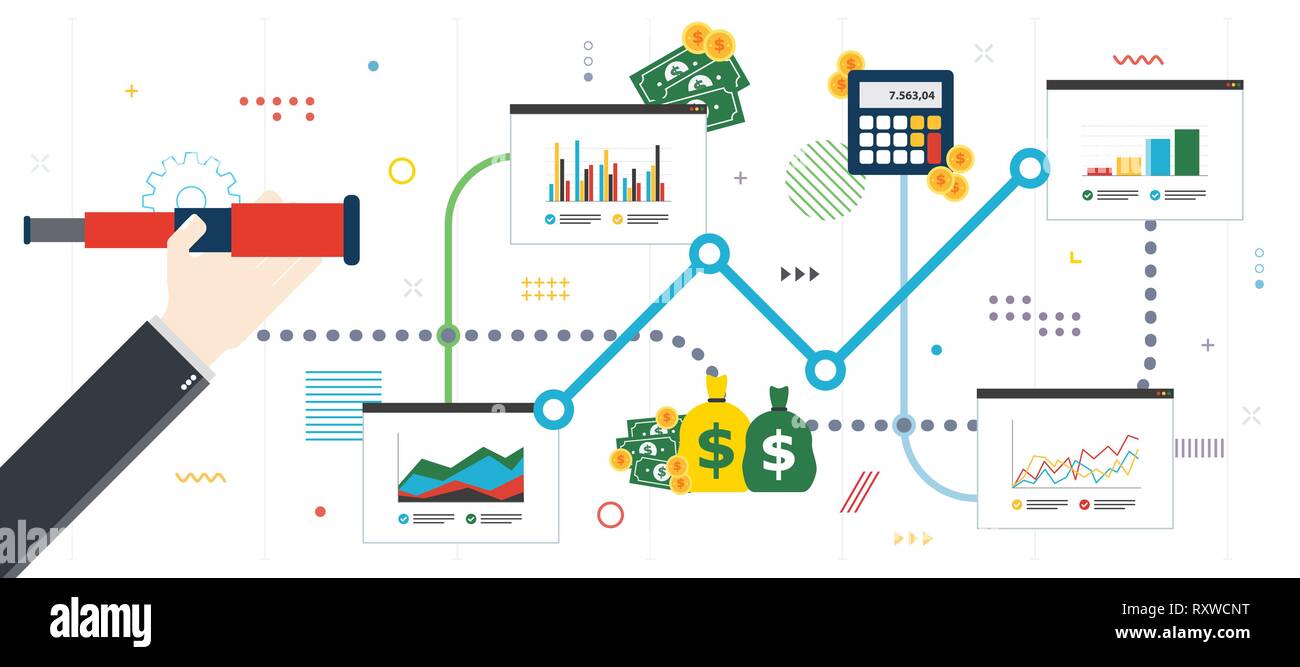 Gli investimenti finanziari e la crescita, il successo e guadagnare denaro. Previsione di business e il concetto di visione. Mano con lunetta analizzando i grafici di investimento. Appartamento Illustrazione Vettoriale