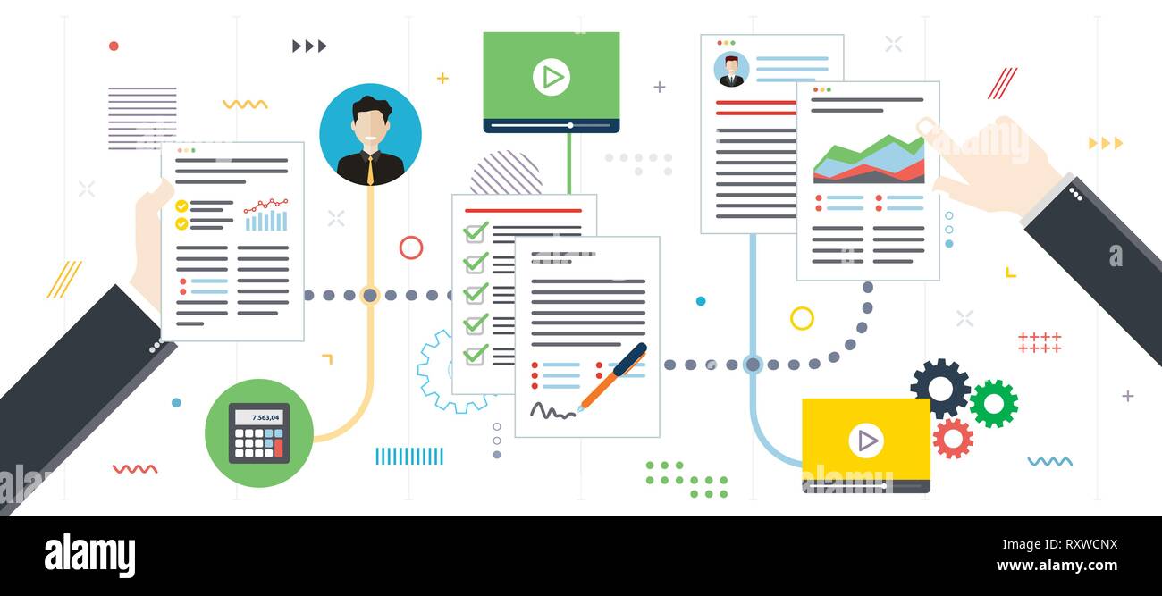 La documentazione e la gestione dei report aziendali. Le mani con i fogli dei dati di analisi. Contratto firma. Documenti aziendali dell'organizzazione. Desi piatta Illustrazione Vettoriale